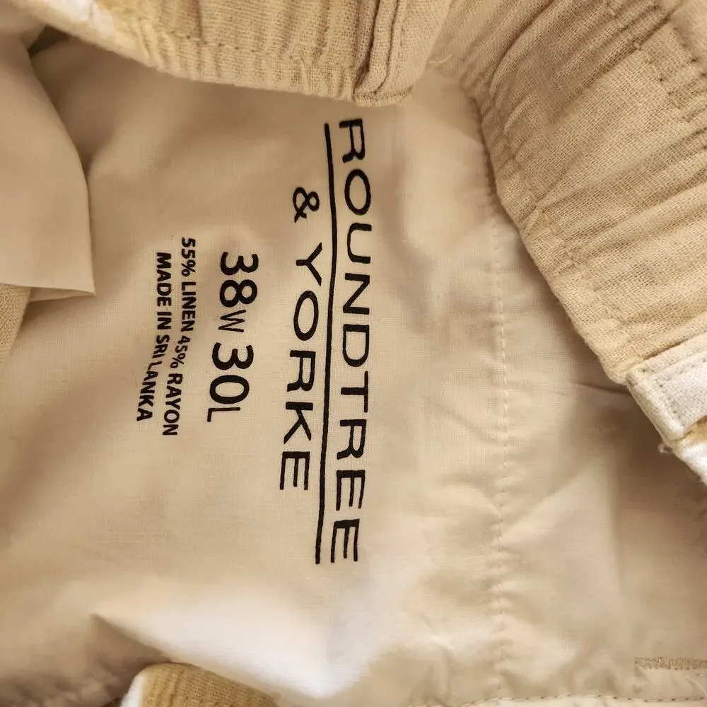 Roundtree & Yorke Cargo Linen Blend Pants Men's 38x30 (36x28.5) Tan Coastal Boho
